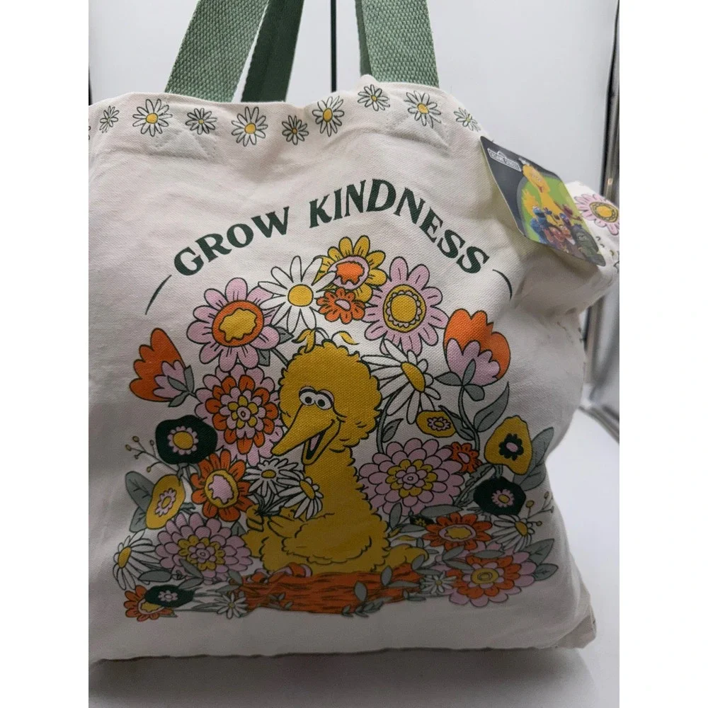 Sesame Street Big Bird Grow Kindness Canvas Tote Bag Floral Cream Green NWT
